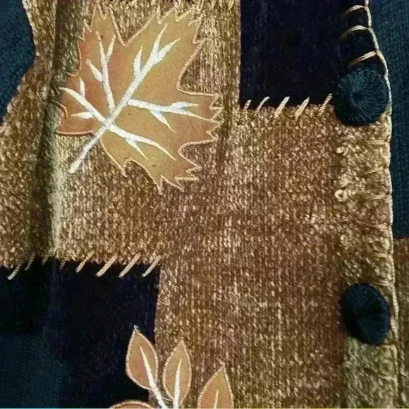 Vintage 80s Victoria Harbour Sweater Size M  Leaf Patchwork Print Black Fall - Picture 12 of 13